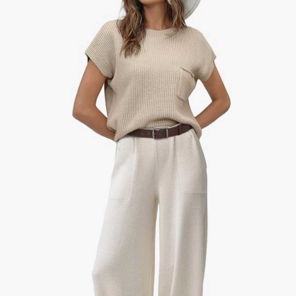 Women's Two Piece Outfit- Sweater Set Knit Pullover Top and High Waisted Pants